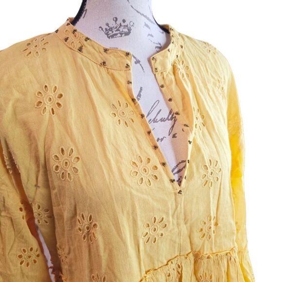 Rapsodia Balear Plain Dress Yellow Marigold Eyelet Bell Sleeve Women's Large - Picture 5 of 12